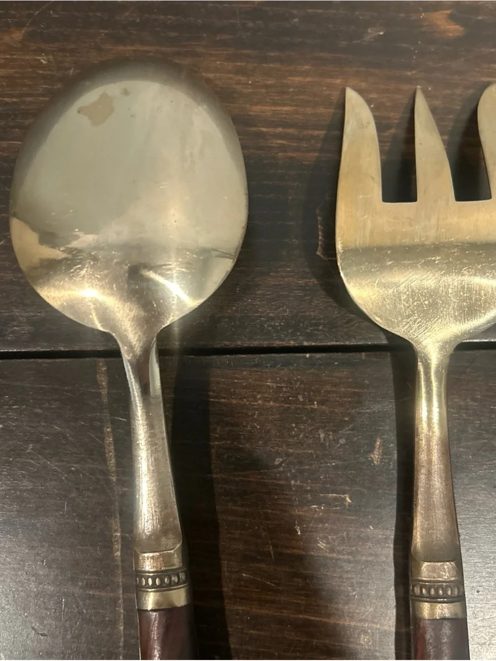 Pottery Barn Wood-Handled Serving Spoon and Fork - Brown and Silver